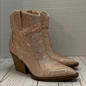 Very G rose gold rhinestone booties. Western. 3” block heel. Gently worn. Size 8